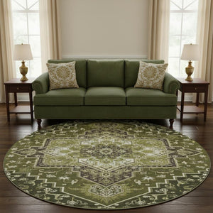 HomeRoots 8' Olive Green Oriental Round Rug - Washable, UV Protected, Stain Resistant, Perfect for Any Space! 681326