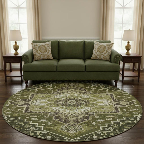 HomeRoots 8' Olive Green Oriental Round Rug - Washable, UV Protected, Stain Resistant, Perfect for Any Space! 681326