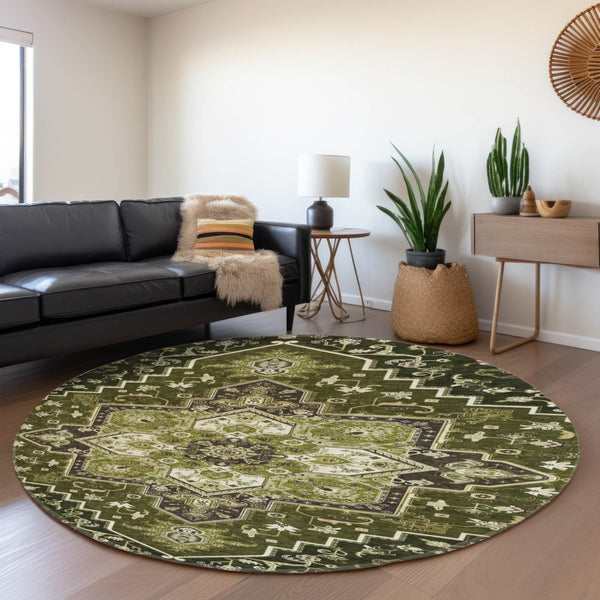 HomeRoots 8' Olive Green Oriental Round Rug - Washable, UV Protected, Stain Resistant, Perfect for Any Space! 681326