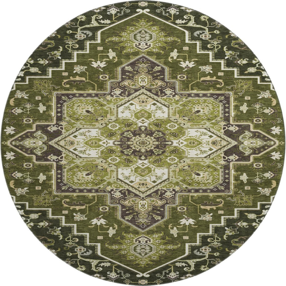 HomeRoots 8' Olive Green Oriental Round Rug - Washable, UV Protected, Stain Resistant, Perfect for Any Space! 681326