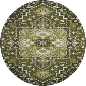 HomeRoots 8' Olive Green Oriental Round Rug - Washable, UV Protected, Stain Resistant, Perfect for Any Space! 681326