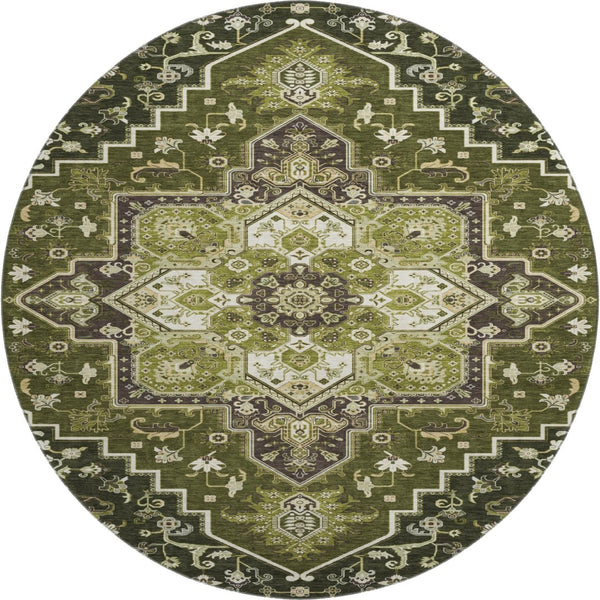 HomeRoots 8' Olive Green Oriental Round Rug - Washable, UV Protected, Stain Resistant, Perfect for Any Space! 681326