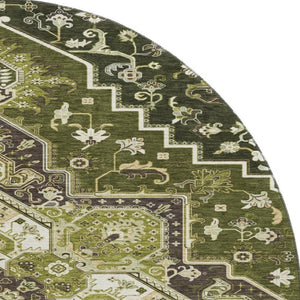 HomeRoots 8' Olive Green Oriental Round Rug - Washable, UV Protected, Stain Resistant, Perfect for Any Space! 681326
