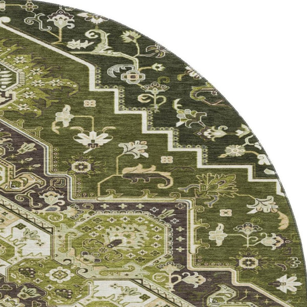 HomeRoots 8' Olive Green Oriental Round Rug - Washable, UV Protected, Stain Resistant, Perfect for Any Space! 681326