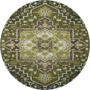 HomeRoots 8' Olive Green Oriental Round Rug - Washable, UV Protected, Stain Resistant, Perfect for Any Space! 681326