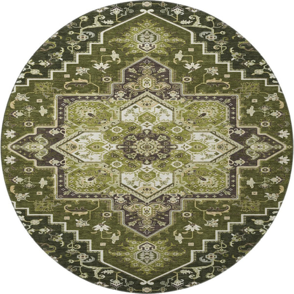 HomeRoots 8' Olive Green Oriental Round Rug - Washable, UV Protected, Stain Resistant, Perfect for Any Space! 681326
