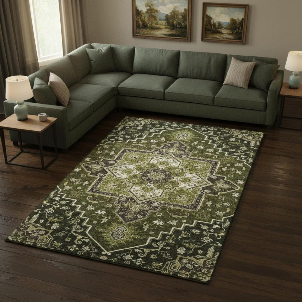 HomeRoots 8' X 10' Olive Green, Ivory & Beige Oriental Rug - Washable, UV Protected, Stain Resistant, Durable Design 681327