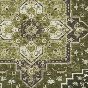 HomeRoots 8' X 10' Olive Green, Ivory & Beige Oriental Rug - Washable, UV Protected, Stain Resistant, Durable Design 681327
