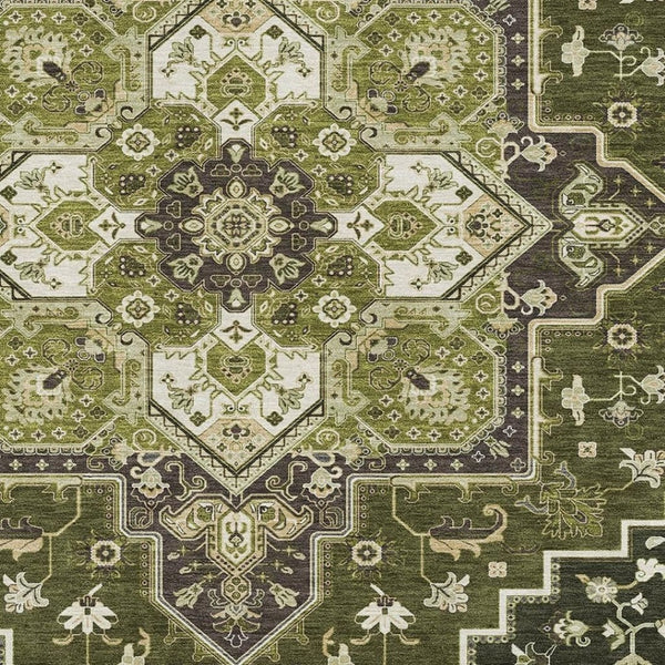 HomeRoots 8' X 10' Olive Green, Ivory & Beige Oriental Rug - Washable, UV Protected, Stain Resistant, Durable Design 681327