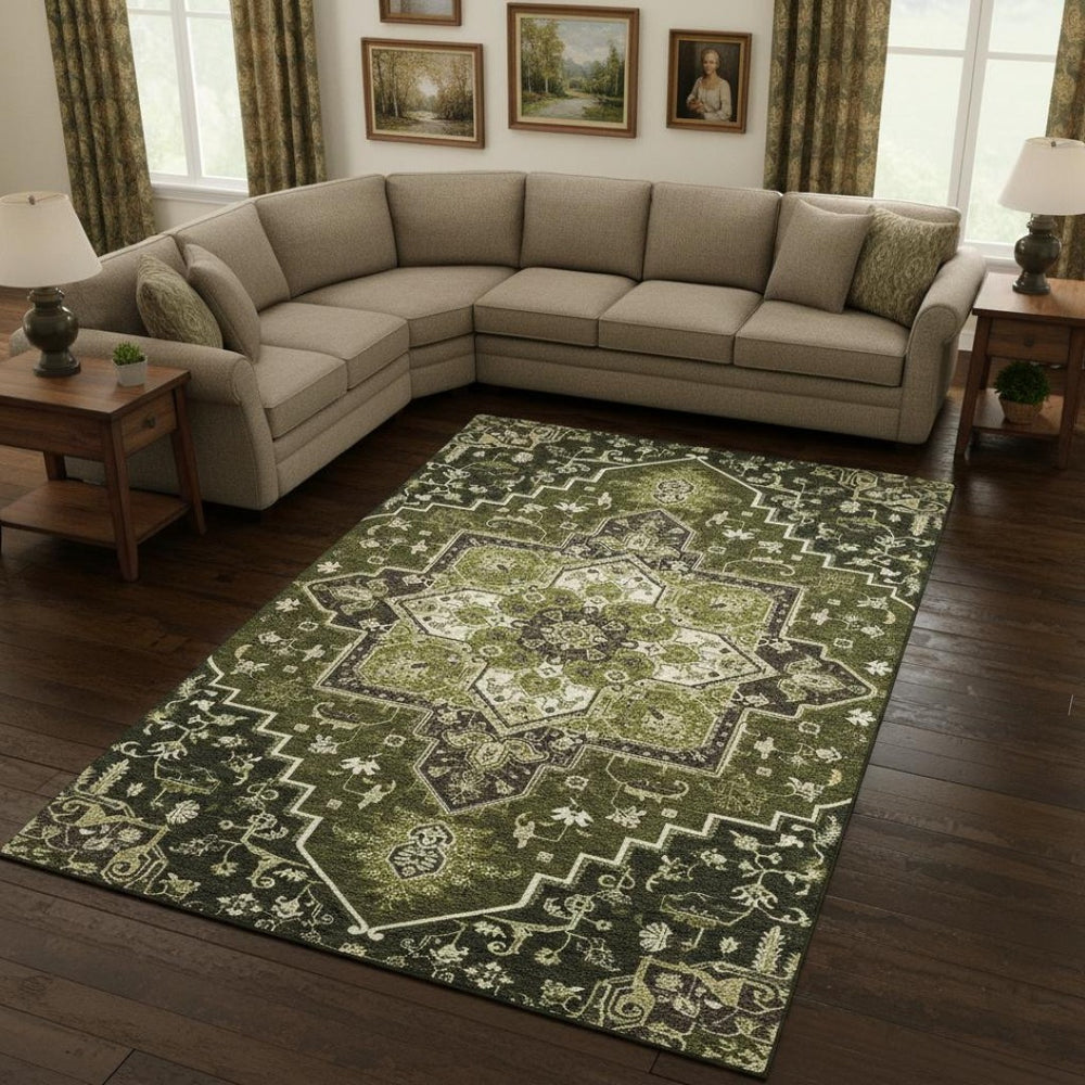 HomeRoots 9' X 12' Olive Green, Ivory & Beige Washable Oriental Area Rug with UV Protection for Homes 681328