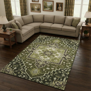 HomeRoots 9' X 12' Olive Green, Ivory & Beige Washable Oriental Area Rug with UV Protection for Homes 681328