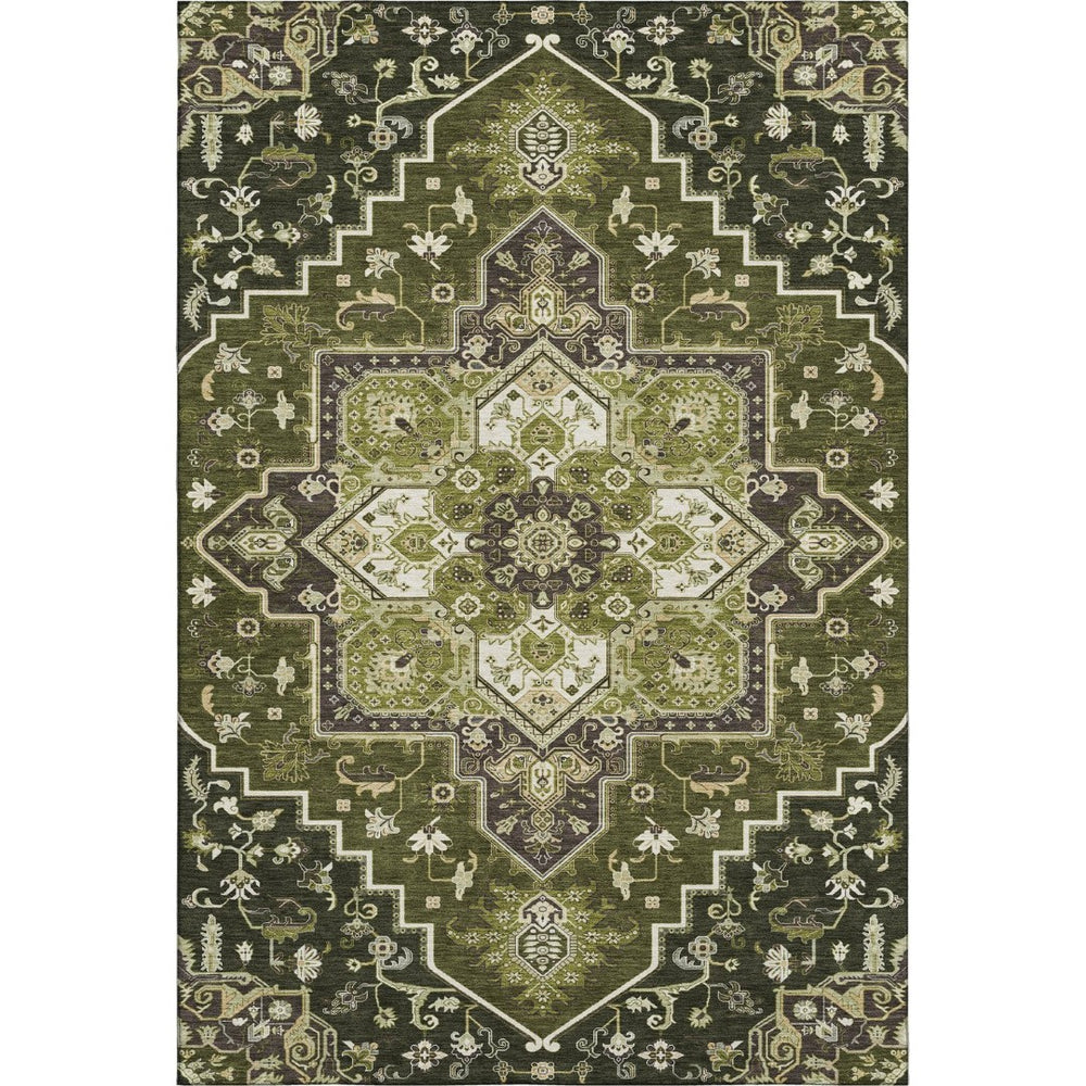 HomeRoots 9' X 12' Olive Green, Ivory & Beige Washable Oriental Area Rug with UV Protection for Homes 681328