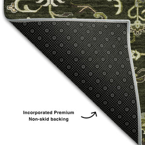 HomeRoots 9' X 12' Olive Green, Ivory & Beige Washable Oriental Area Rug with UV Protection for Homes 681328