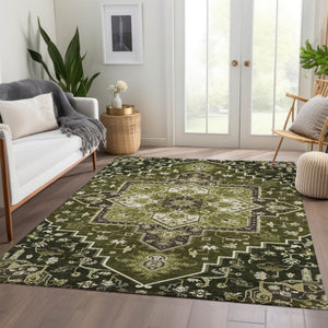 HomeRoots 9' X 12' Olive Green, Ivory & Beige Washable Oriental Area Rug with UV Protection for Homes 681328