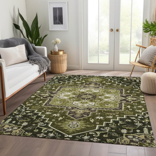 HomeRoots 9' X 12' Olive Green, Ivory & Beige Washable Oriental Area Rug with UV Protection for Homes 681328