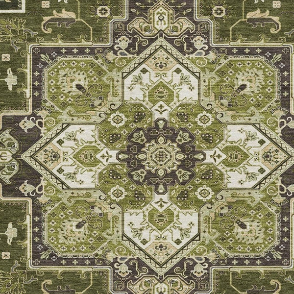 HomeRoots 9' X 12' Olive Green, Ivory & Beige Washable Oriental Area Rug with UV Protection for Homes 681328