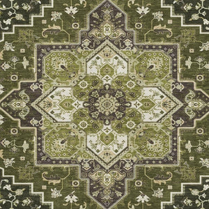 HomeRoots 9' X 12' Olive Green, Ivory & Beige Washable Oriental Area Rug with UV Protection for Homes 681328