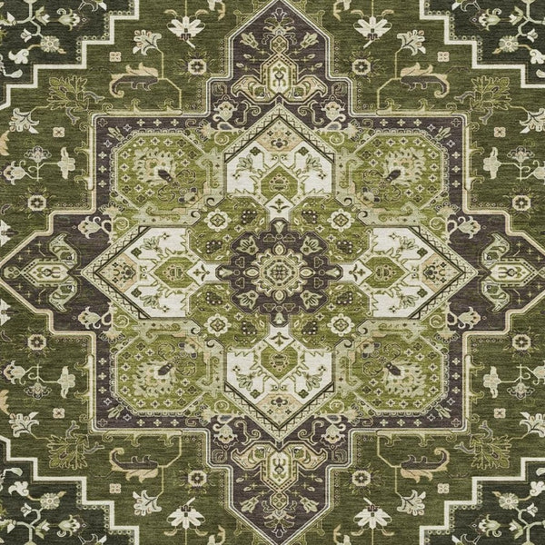 HomeRoots 9' X 12' Olive Green, Ivory & Beige Washable Oriental Area Rug with UV Protection for Homes 681328