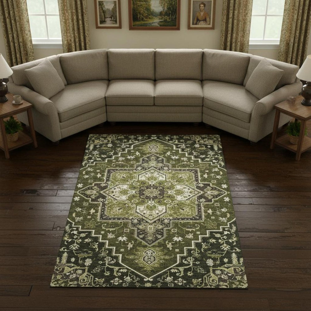 HomeRoots 10' X 14' Olive Green Oriental Washable Area Rug – Elegant, Durable, UV-Protected, and Stain-Resistant 681329