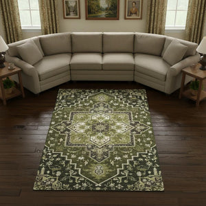 HomeRoots 10' X 14' Olive Green Oriental Washable Area Rug – Elegant, Durable, UV-Protected, and Stain-Resistant 681329