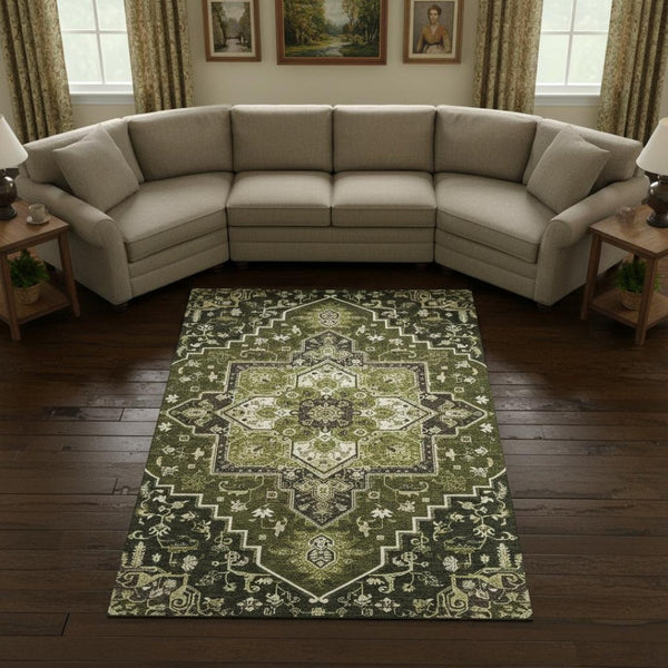 HomeRoots 10' X 14' Olive Green Oriental Washable Area Rug – Elegant, Durable, UV-Protected, and Stain-Resistant 681329
