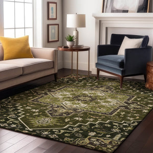 HomeRoots 10' X 14' Olive Green Oriental Washable Area Rug – Elegant, Durable, UV-Protected, and Stain-Resistant 681329