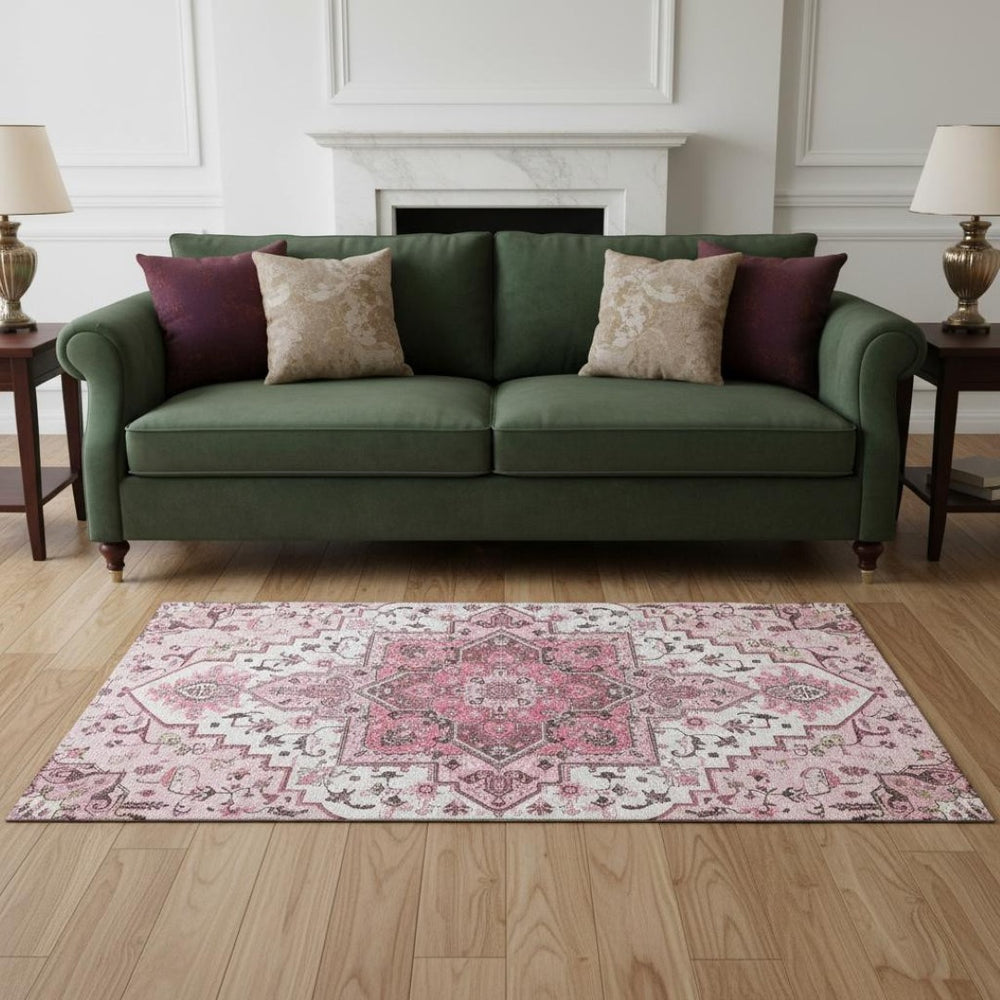 HomeRoots 5' X 8' Pink Ivory & Gray Oriental Area Rug - Washable, UV Protected, Kid & Pet Friendly Design 681331