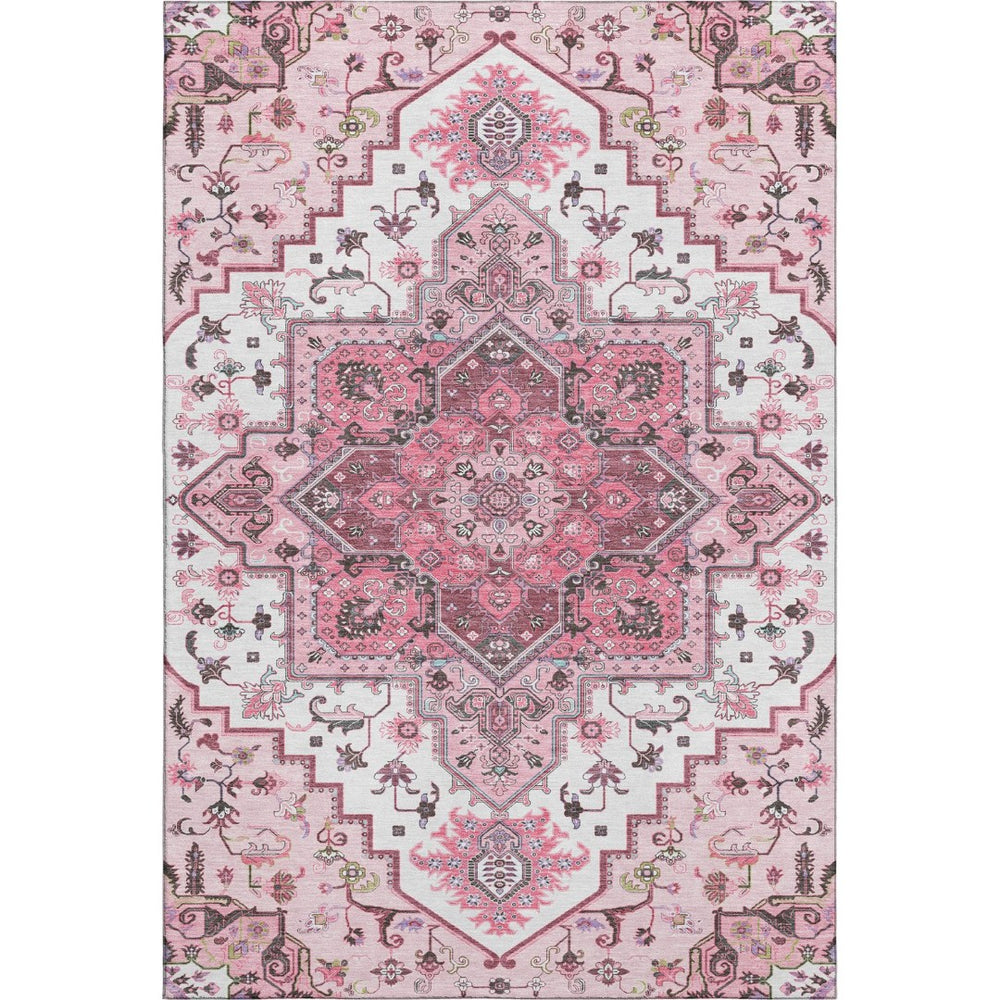 HomeRoots 5' X 8' Pink Ivory & Gray Oriental Area Rug - Washable, UV Protected, Kid & Pet Friendly Design 681331