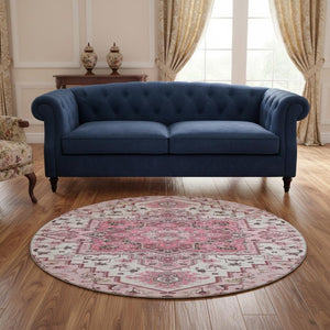 HomeRoots 8' Pink Ivory and Gray Oriental Washable Round Rug - Durable, Stain-Resistant with UV Protection! 681332