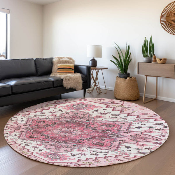 HomeRoots 8' Pink Ivory and Gray Oriental Washable Round Rug - Durable, Stain-Resistant with UV Protection! 681332