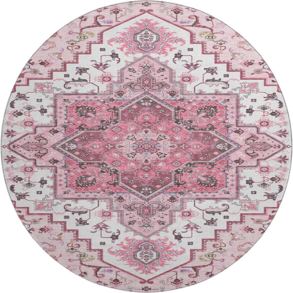 HomeRoots 8' Pink Ivory and Gray Oriental Washable Round Rug - Durable, Stain-Resistant with UV Protection! 681332