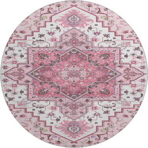 HomeRoots 8' Pink Ivory and Gray Oriental Washable Round Rug - Durable, Stain-Resistant with UV Protection! 681332