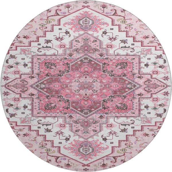 HomeRoots 8' Pink Ivory and Gray Oriental Washable Round Rug - Durable, Stain-Resistant with UV Protection! 681332