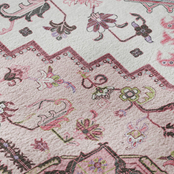 HomeRoots 8' Pink Ivory and Gray Oriental Washable Round Rug - Durable, Stain-Resistant with UV Protection! 681332