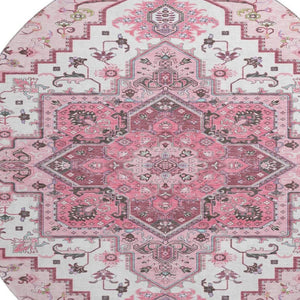 HomeRoots 8' Pink Ivory and Gray Oriental Washable Round Rug - Durable, Stain-Resistant with UV Protection! 681332