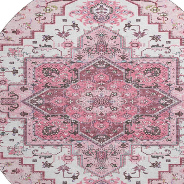 HomeRoots 8' Pink Ivory and Gray Oriental Washable Round Rug - Durable, Stain-Resistant with UV Protection! 681332