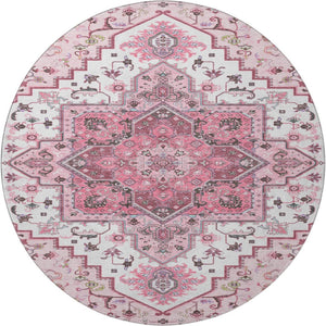 HomeRoots 8' Pink Ivory and Gray Oriental Washable Round Rug - Durable, Stain-Resistant with UV Protection! 681332