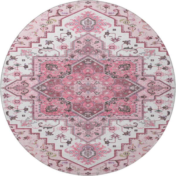 HomeRoots 8' Pink Ivory and Gray Oriental Washable Round Rug - Durable, Stain-Resistant with UV Protection! 681332