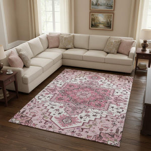 HomeRoots 8' X 10' Pink Ivory and Gray Oriental Area Rug - Washable, Stain-Resistant, UV-Protected Elegance 681333