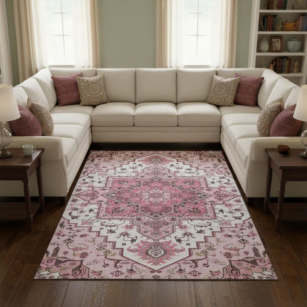 HomeRoots 9' X 12' Washable Pink and Gray Oriental Area Rug with UV Protection - Perfect for Family Spaces! 681334