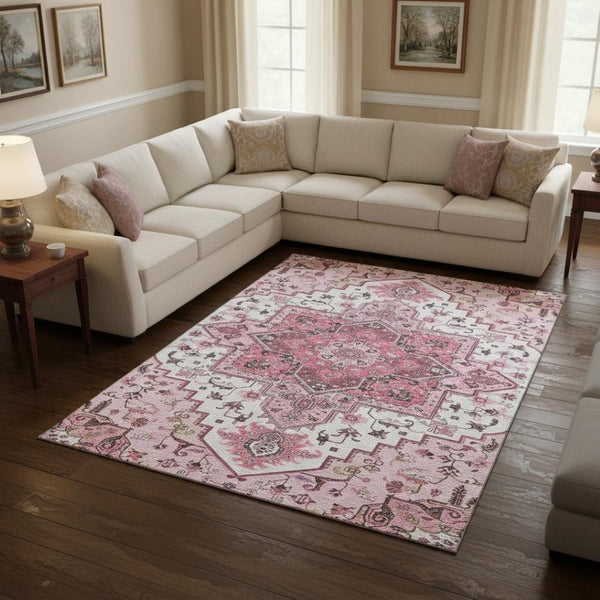 HomeRoots 10' Pink Ivory and Gray Oriental Area Rug - Washable, UV Protected, Stain Resistant for Homes 681335
