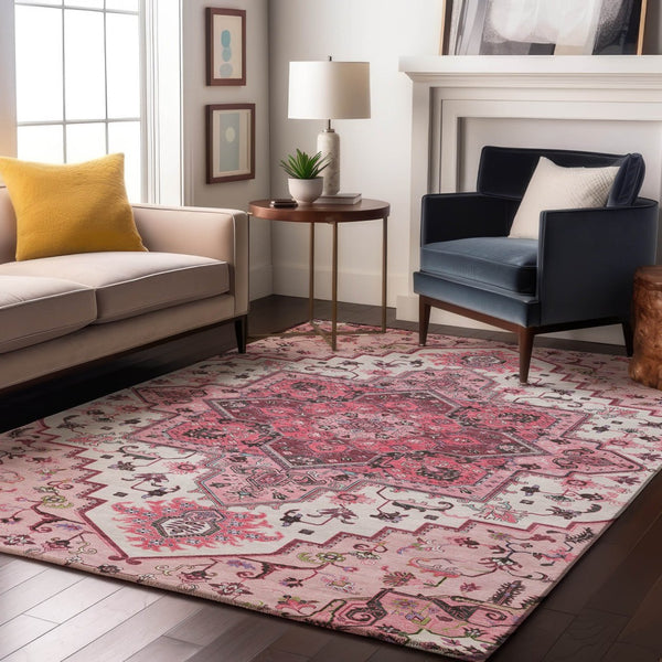 HomeRoots 10' Pink Ivory and Gray Oriental Area Rug - Washable, UV Protected, Stain Resistant for Homes 681335
