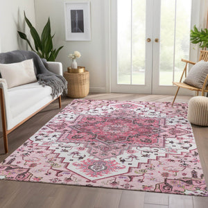 HomeRoots 10' Pink Ivory and Gray Oriental Area Rug - Washable, UV Protected, Stain Resistant for Homes 681335