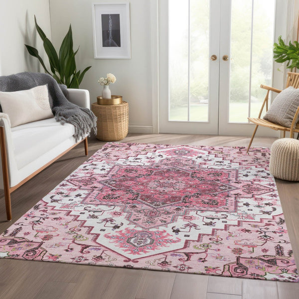 HomeRoots 10' Pink Ivory and Gray Oriental Area Rug - Washable, UV Protected, Stain Resistant for Homes 681335