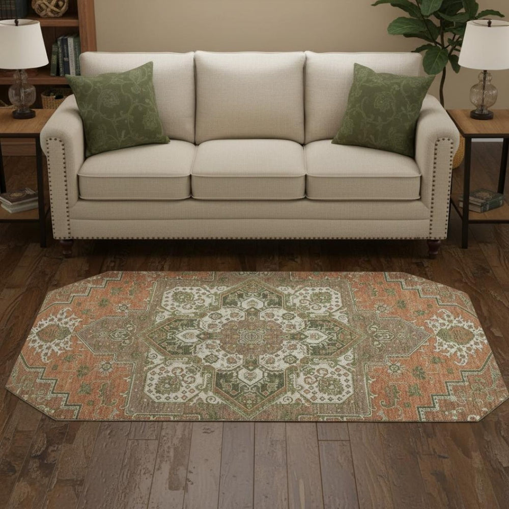 HomeRoots 8' Washable Round Rug in Rust Beige & Olive Green - UV Protected, Stain Resistant, Timeless Elegance 681338