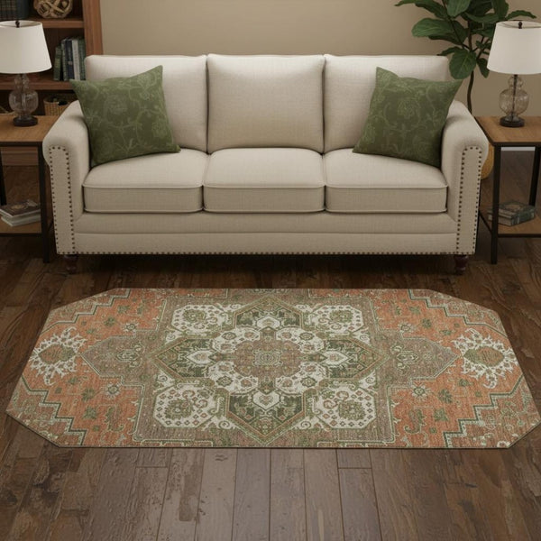 HomeRoots 8' Washable Round Rug in Rust Beige & Olive Green - UV Protected, Stain Resistant, Timeless Elegance 681338