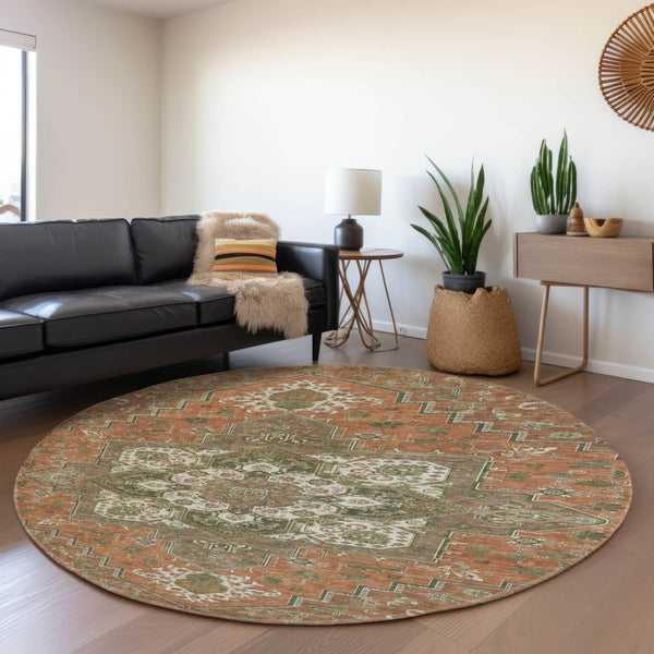 HomeRoots 8' Washable Round Rug in Rust Beige & Olive Green - UV Protected, Stain Resistant, Timeless Elegance 681338