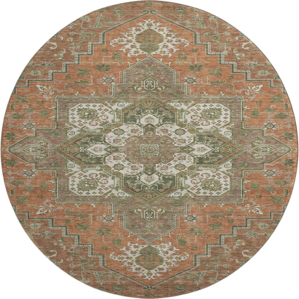 HomeRoots 8' Washable Round Rug in Rust Beige & Olive Green - UV Protected, Stain Resistant, Timeless Elegance 681338