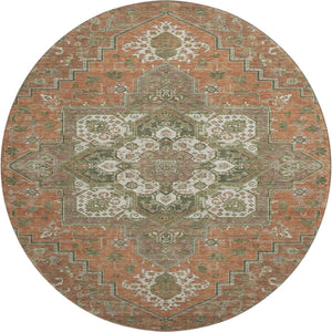 HomeRoots 8' Washable Round Rug in Rust Beige & Olive Green - UV Protected, Stain Resistant, Timeless Elegance 681338