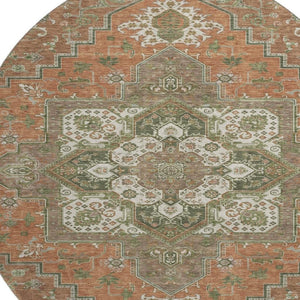 HomeRoots 8' Washable Round Rug in Rust Beige & Olive Green - UV Protected, Stain Resistant, Timeless Elegance 681338